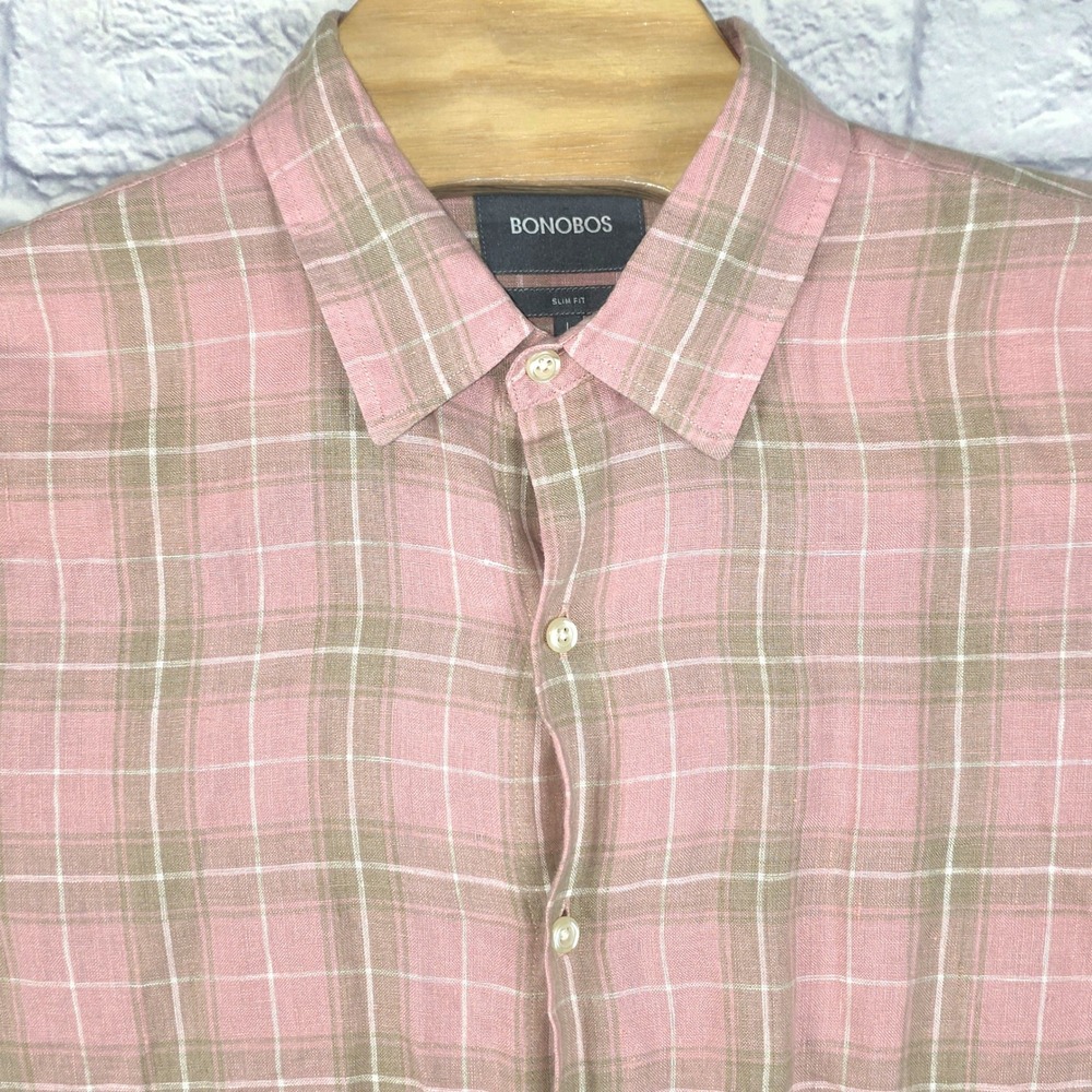 Bonobos Men Slim Fit Plaid Button Down Linen Shirt Long Sleeve Size Large